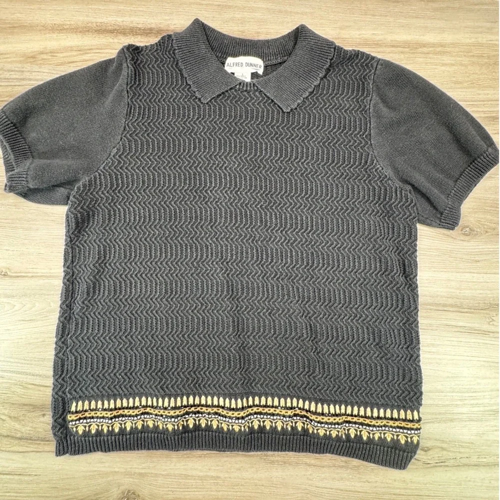VTG Alfred Dunner‎ Womens Gray Chevron Textured Knit Beaded Polo Sweater Top L